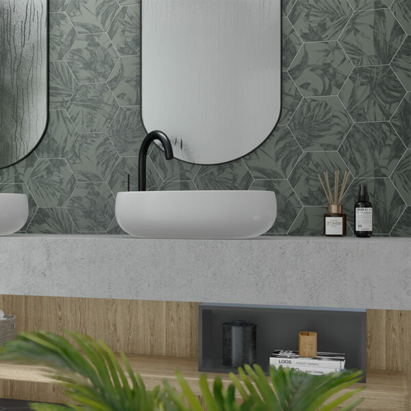 Borneo Drops Titley Green hex hexagon accent wall decor tile floral pattern motif toronto canada bathroom backsplash