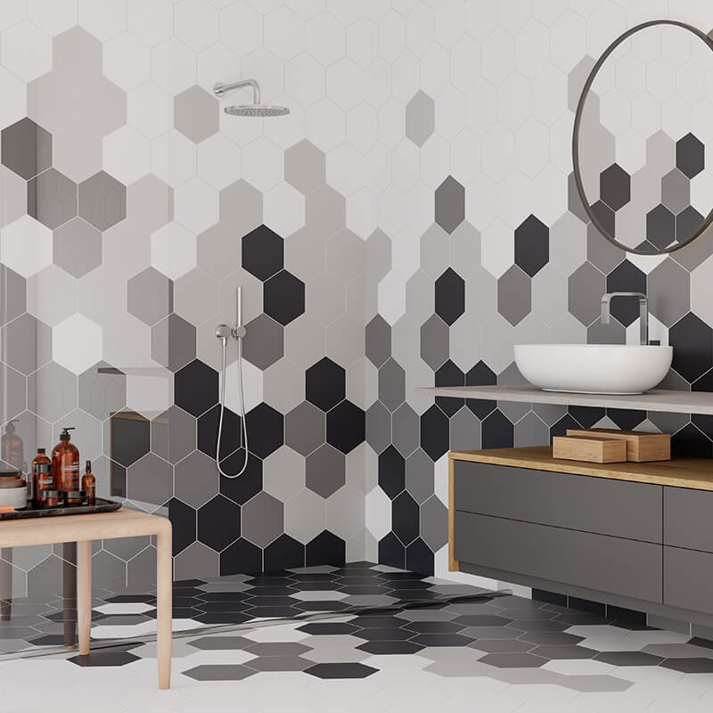 White Grey Marengo Black Hexagon bathroom shower accent wall tile floor toronto ontario canada