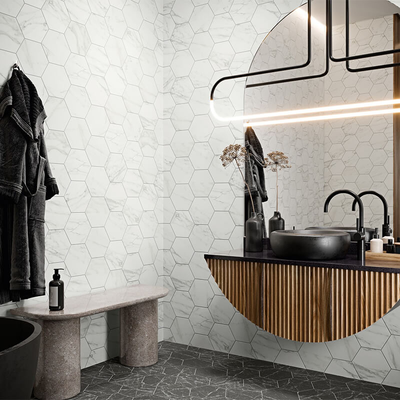 Hexagon bathroom shower accent wall tile floor toronto ontario canada