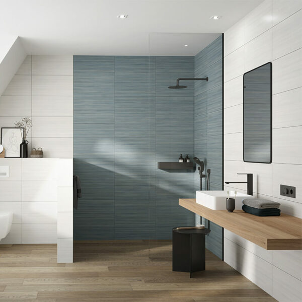Nika Blue stripped wall tile floor bathroom shower toronto ontario canada