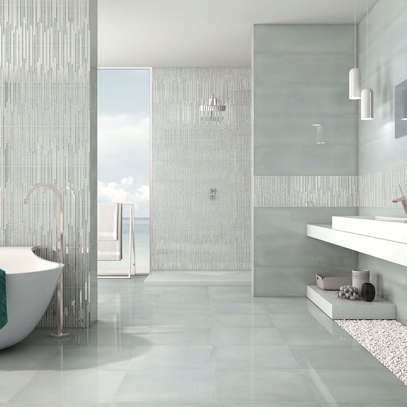 green accent wall tile floor bathroom shower decor canada